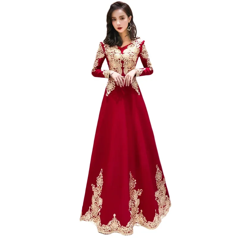 Evening Dress Burgundy Jersey Gold Embroidery Robe De Soiree V-neck Full Sleeves A-line Floor-length Plus size Party Formal Gown