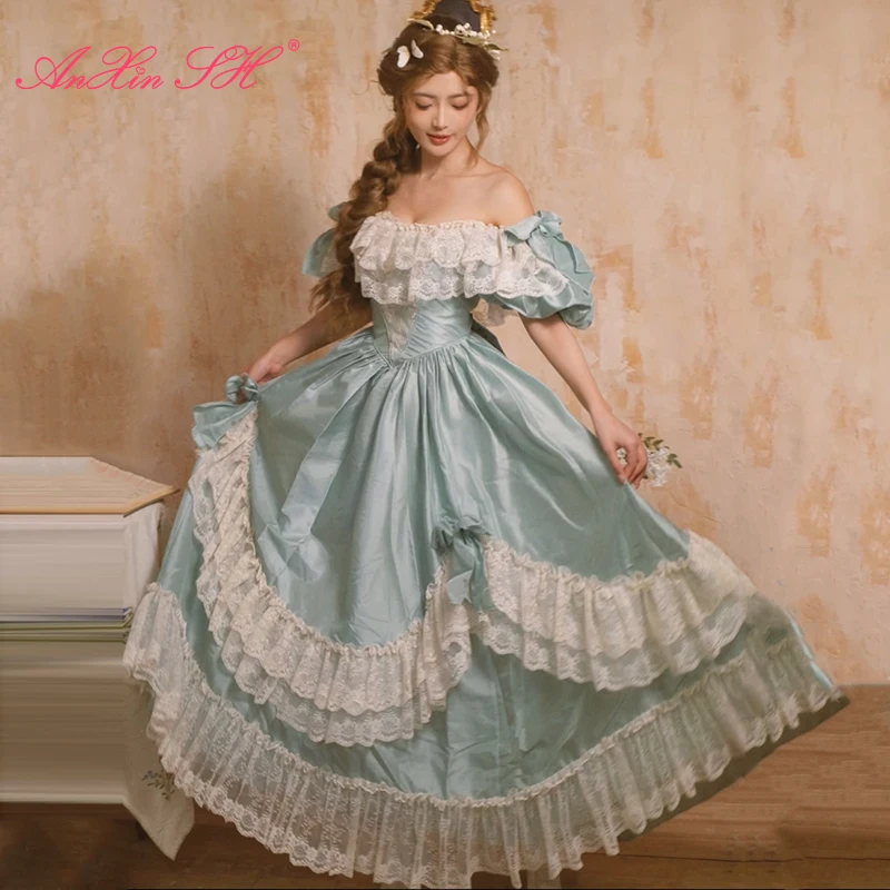 

AnXin SH princess Mint Green satin white flower lace boat neck rose bow ruffles ball gown lace up customized wedding dress
