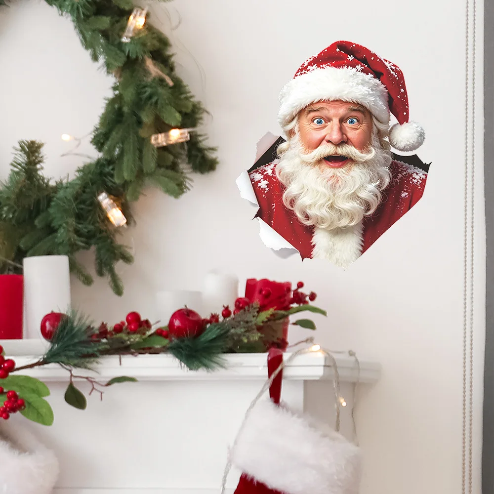 Creative Broken‑Wall Santa Claus Wall Sticker, Festive Decal for Bedroom Living Room Study Room Xmas Home Holiday Ornament