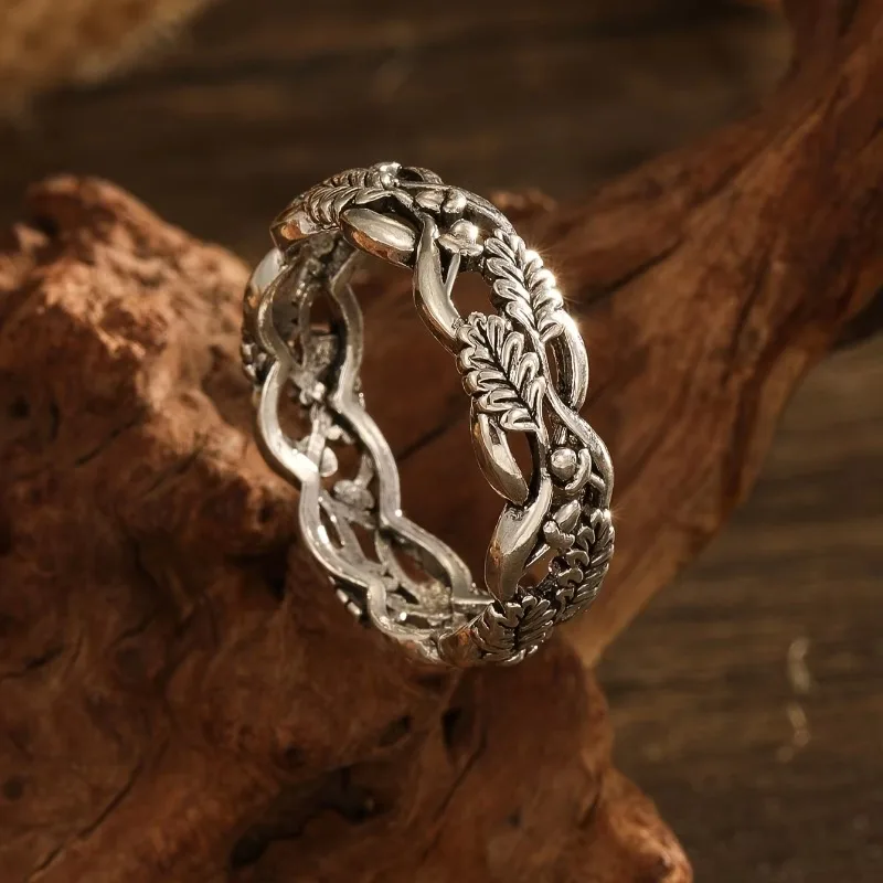 Huajie Women's Irregular Leaves Entwined Shape Elegant Rings Ancient Silver Color Classic New Ring Jewelry Trend Tide