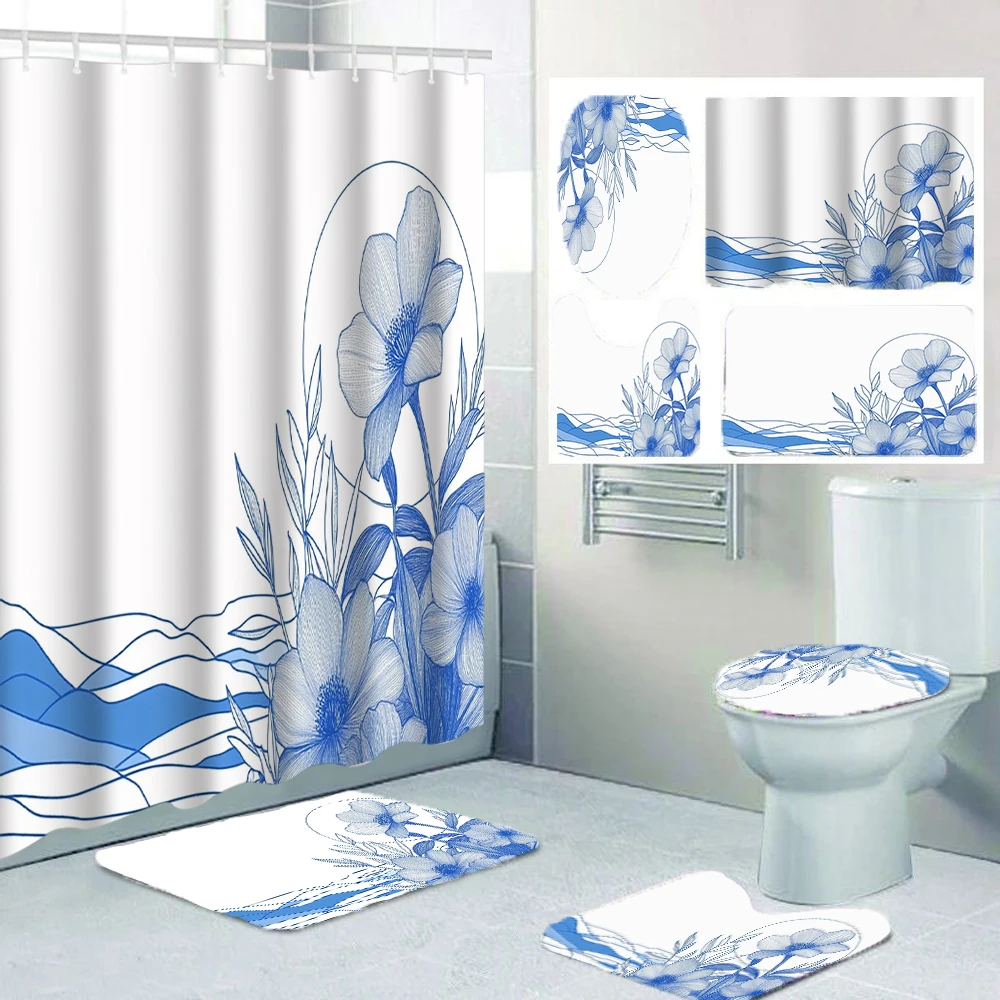 4-piece set of beautiful floral butterfly landscape bathroom decoration, including shower curtain, bath mat, U-shaped floor mat