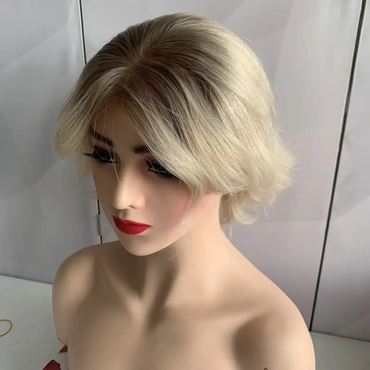 7T60 Color Dark Roots Blonde Full Hand Tied Short Pixie Cut Wig Silk Base Top 100% European Human Hair Wigs for Women