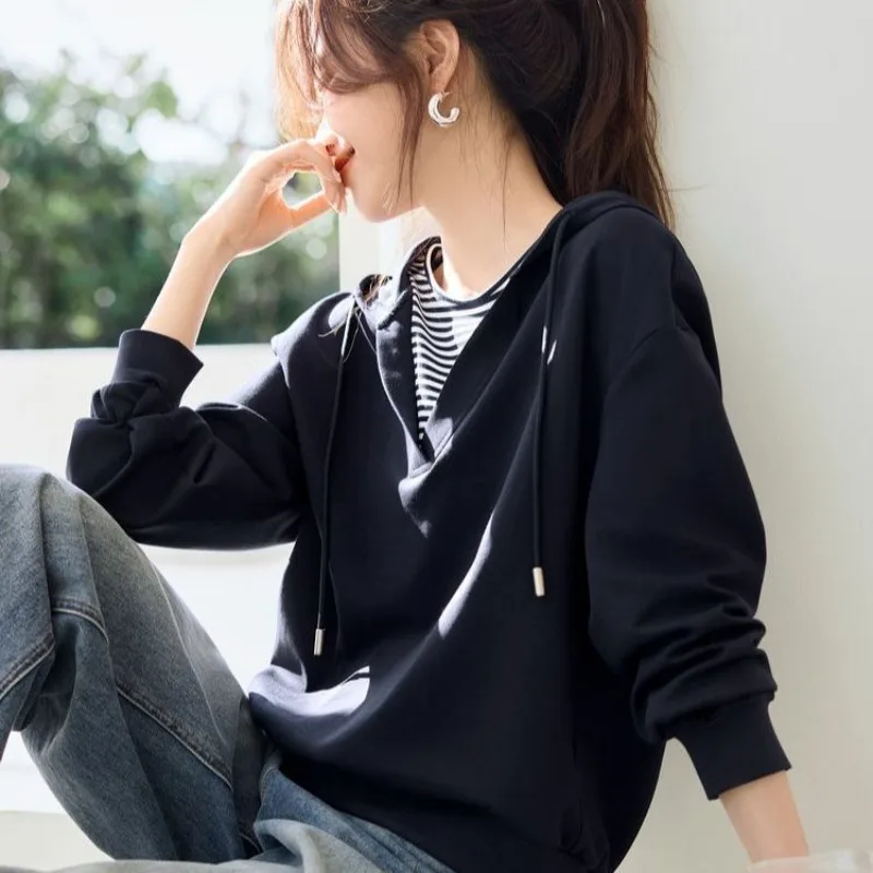 Women's Clothing Hooded Hoodies Sweatshirts Commuting Patchwork Contrast Colours Stripe Casual Sweatshirts Spring New Hooded Top