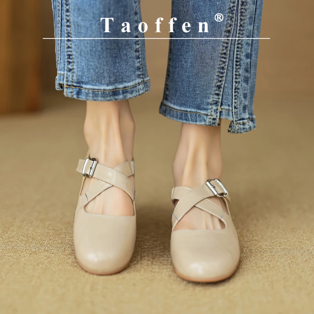 

Taoffen Casual Flats For Women Genuine Leather Solid Square toe Low-heeled Pumps Comfortable Buckle Strap Office Commuting Shoes