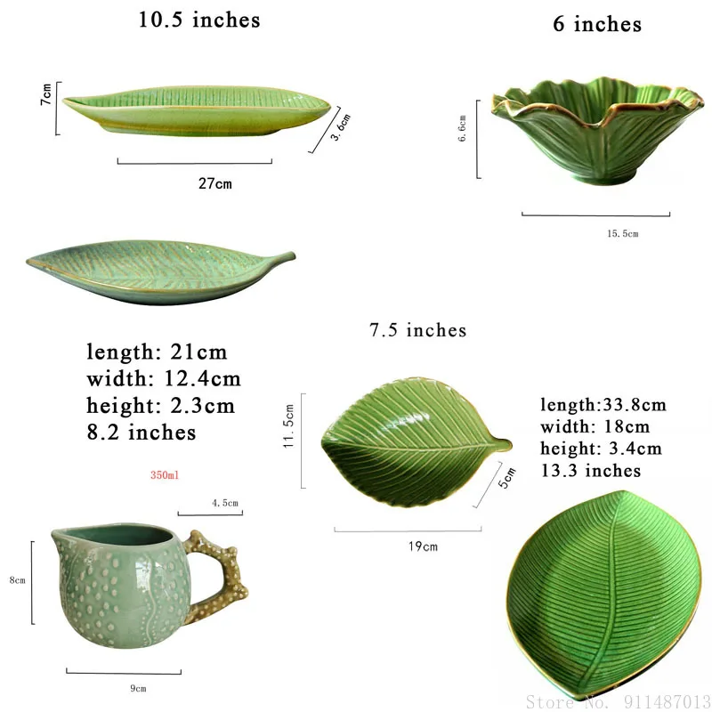 Retro relief Japanese-style banana leaf ceramic rice plate vegetable plate tableware green leaf shape salad bowl fruit plate