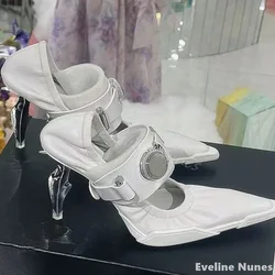 Strange Style Transparent Heel Pumps Women Pointed Toe Leather Metal Belt Buckle Slip On Mules Shoes New Fashion Punk Sandals