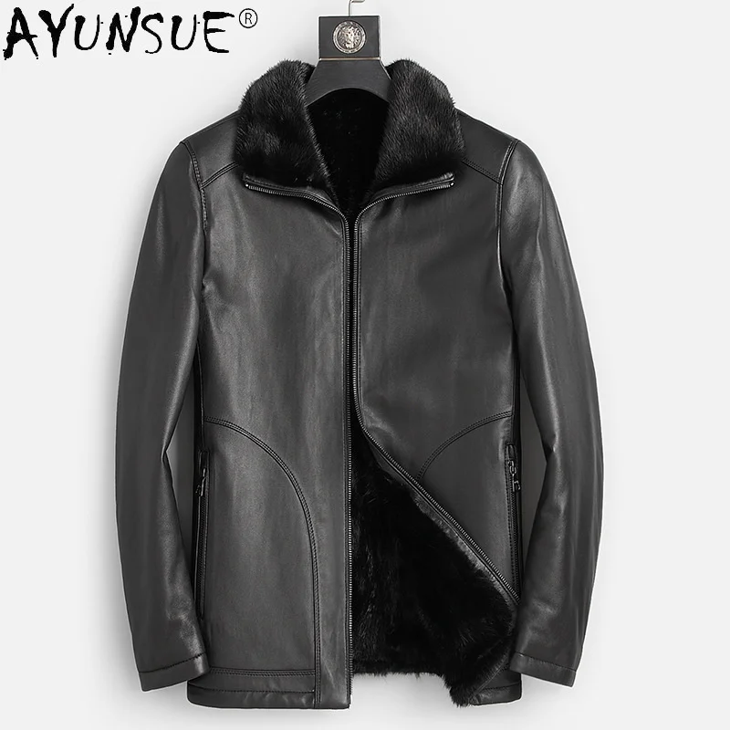 

AYUNSUE Winter Warm Genuine Sheepskin Leather Jackets Men Raccoon Fur Collar Coats Mens Clothes Korean Chaquetas Hombre SQQ306