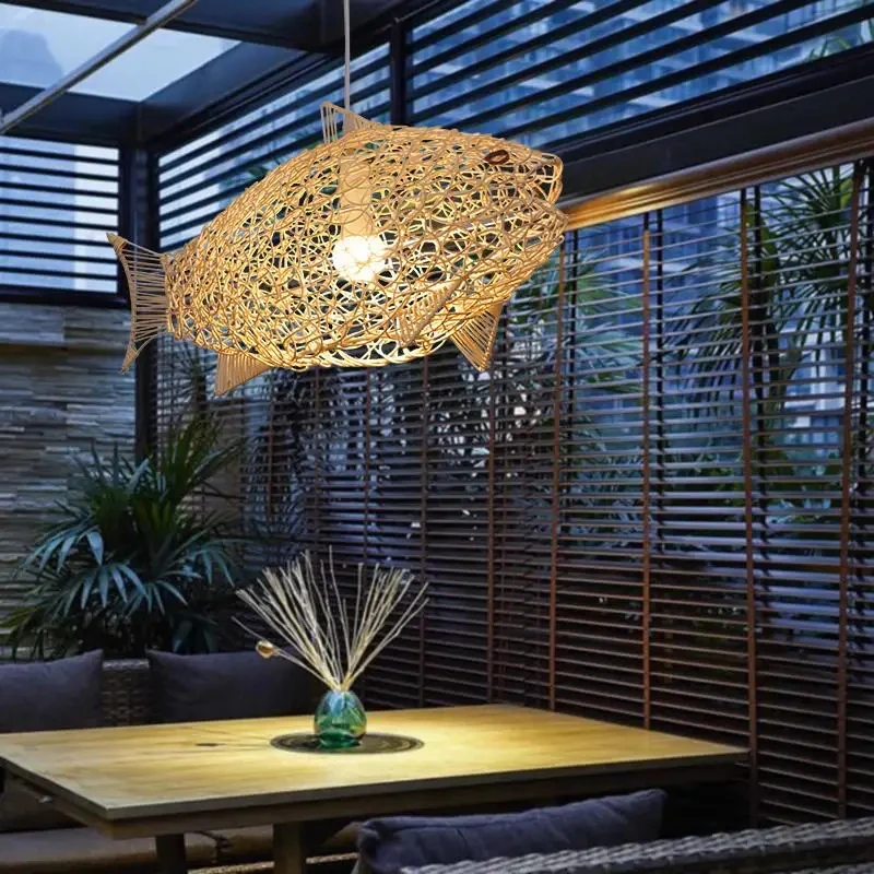 

Nordic Modern Carp Chandelier Creative Fish Art Bamboo Lamp Japanese Sushi Southeast Asian Bamboo Chandelier