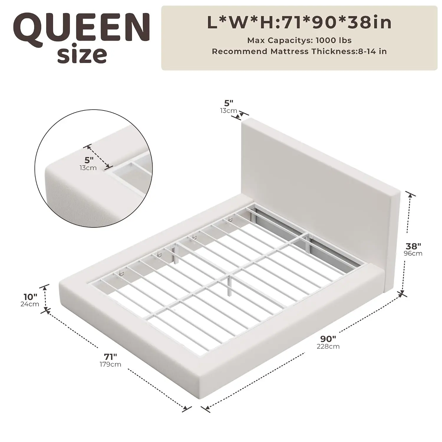 Queen Upholstered Bed Frame with Plush Padded Headboard & Soft Foam Surround, Low Profile No Box Spring Easy Assembly, Customize
