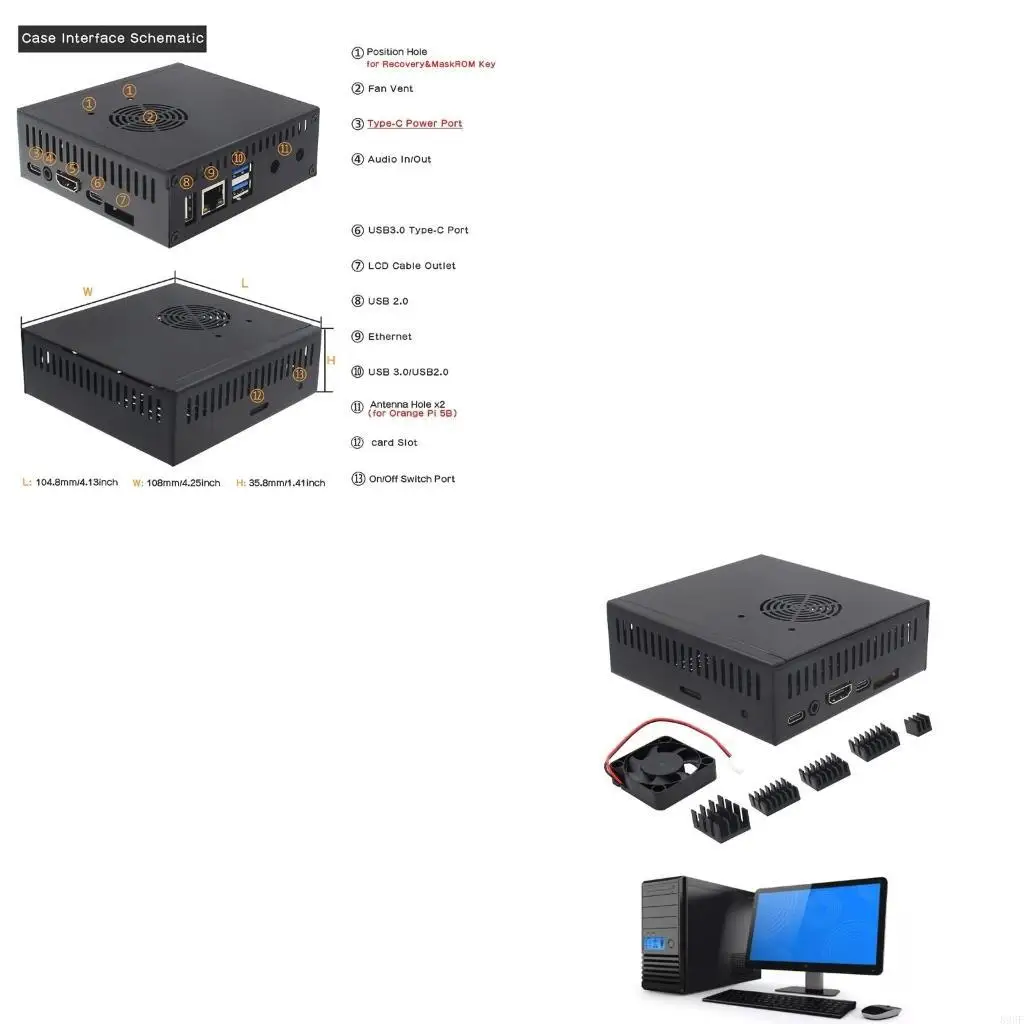 

896F N506 Metal Case- for Orange 5 5B Enclosure Box with Cooling Fan Alloy- Heatsink Pads Supports NVMe SSD 2280
