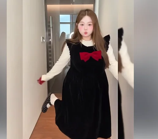 الخريف النساء السود الفرنسية حجم كبير فساتين بلا أكمام موضة عالية الخصر ألف خط تنوعا الحد من العمر القوس طاقم الرقبة فستان #5