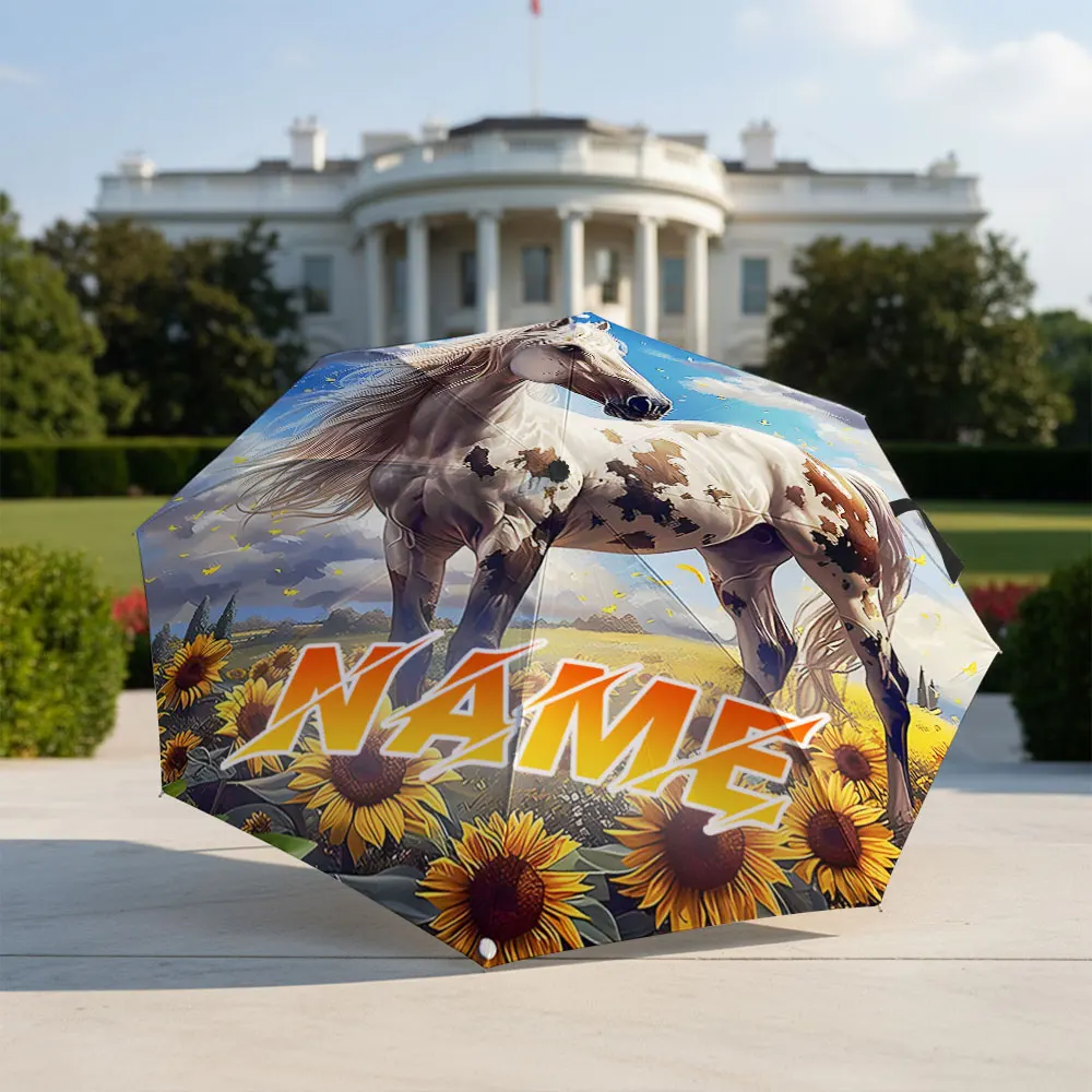 Custom Name umbrella, Sunlit Horse in Sunflower Field Umbrella Design Fashion Folding Umbrella for Daily Use, Christmas Gift