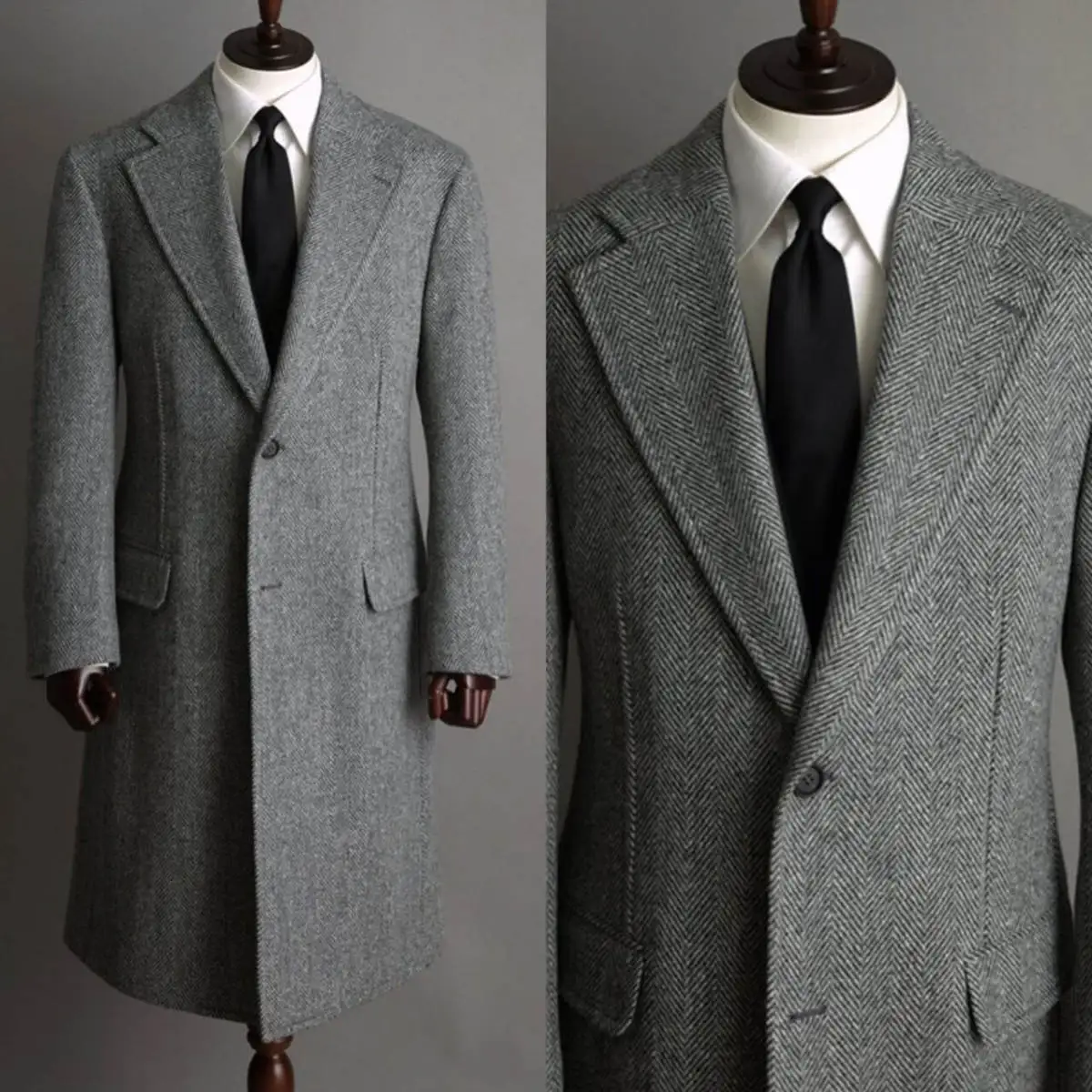 

Vintage Men's Herringbone Long Coat Formal Business Two Buttons Notched Lapel Custom Made Groom Wear