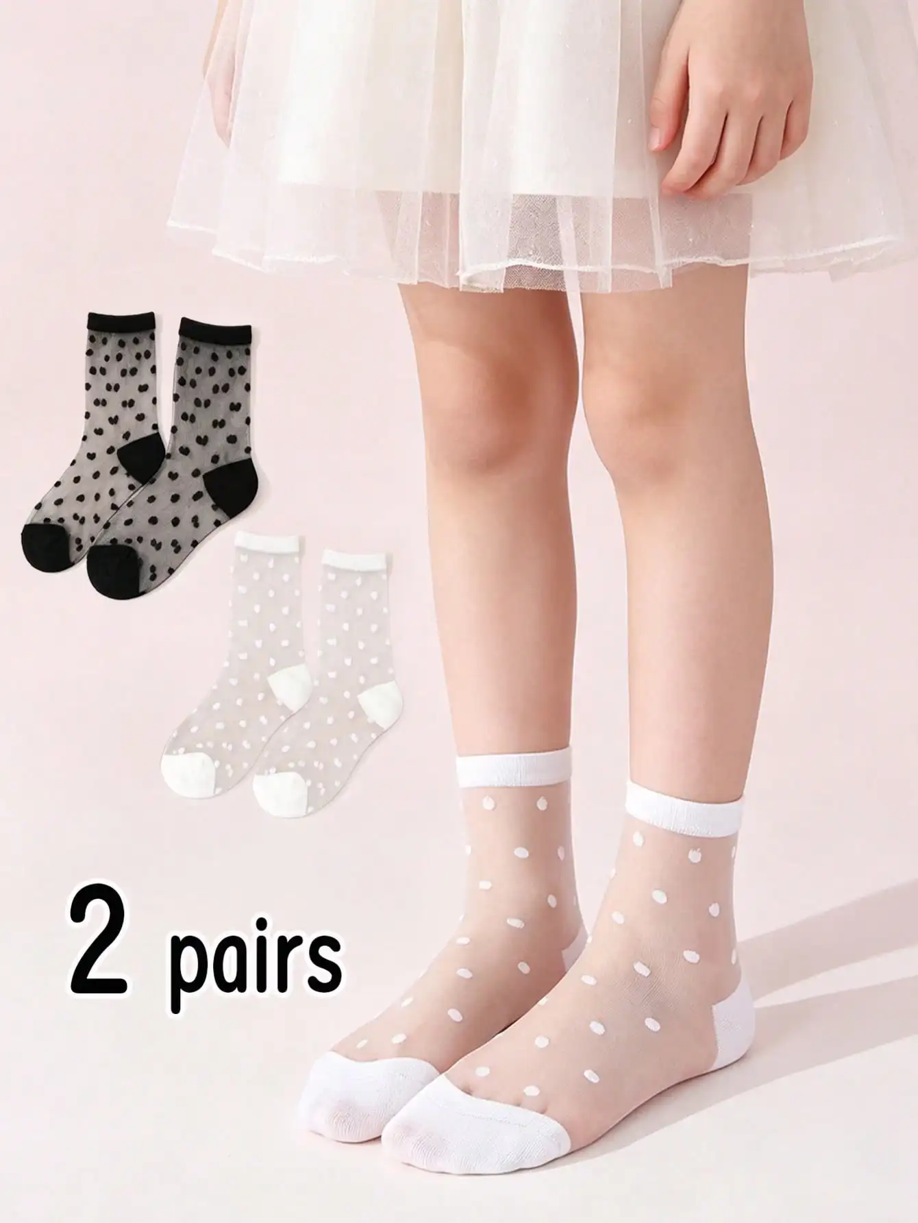 2Pairs Girl Polka Dot Crystal Socks 1-9Y Summer Ultra-Thin Breathable Nylon Spandex Kids Ankle Socks Casual, School & Daily Wear