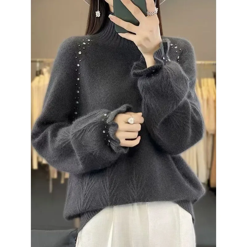 

Gray Fashion Flower Sleeve Knitted Bottoming Shirt Women's Inner with Foreign Style Large Size Women's Clothing Sweater Casual