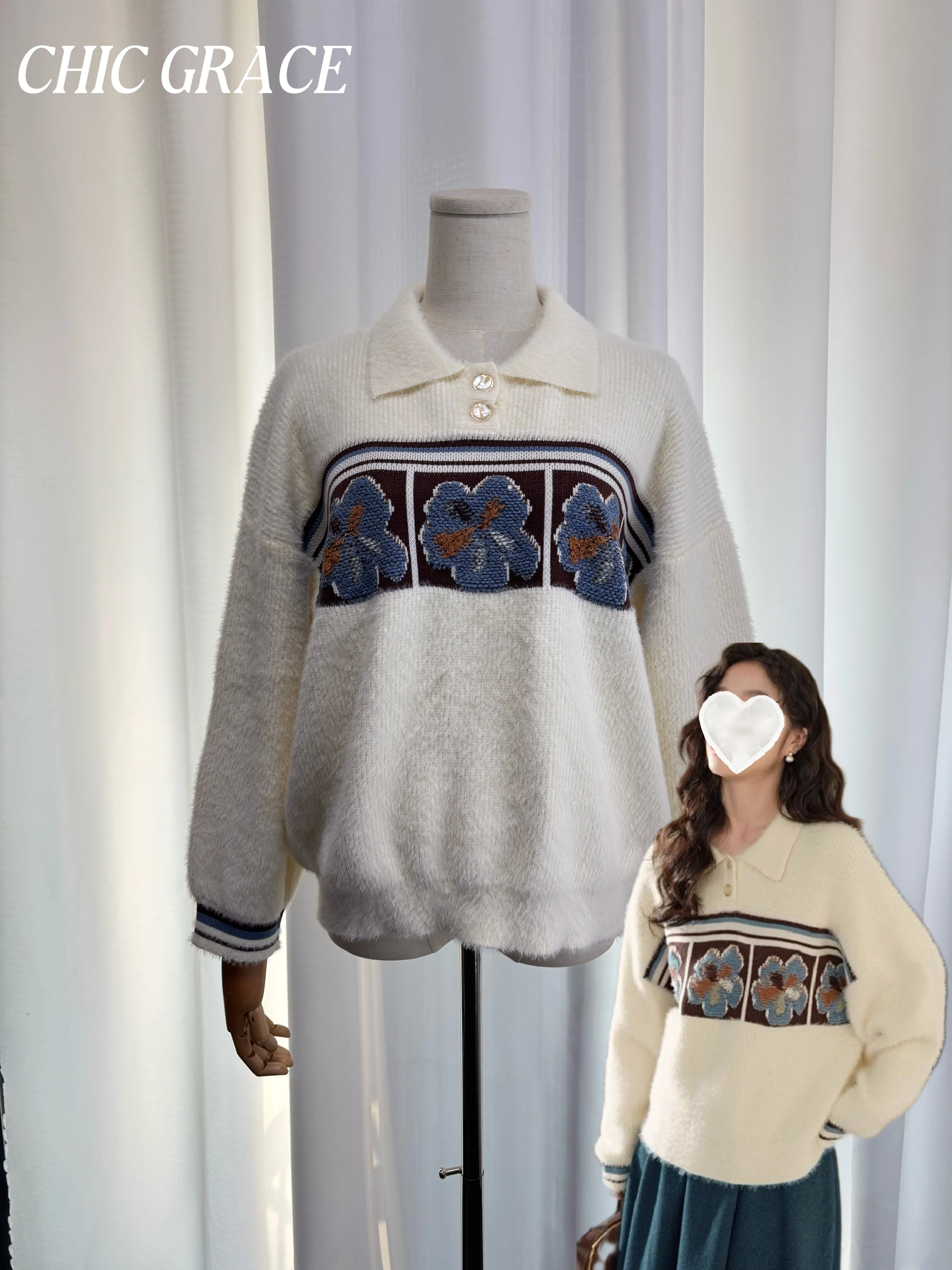 

Real shot Christmas Fair Isle Women's Knitted Sweater 2025 Autumn Winter Apricot Striped Polo Collar Floral Pattern Casual Versa