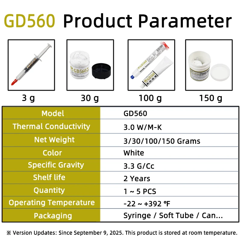 GD560 Thermal Conductive Grease Paste Net Weight 3/30/100/150 Grams White Plaster Heat Sink Compound for CPU SSY ST CN HT