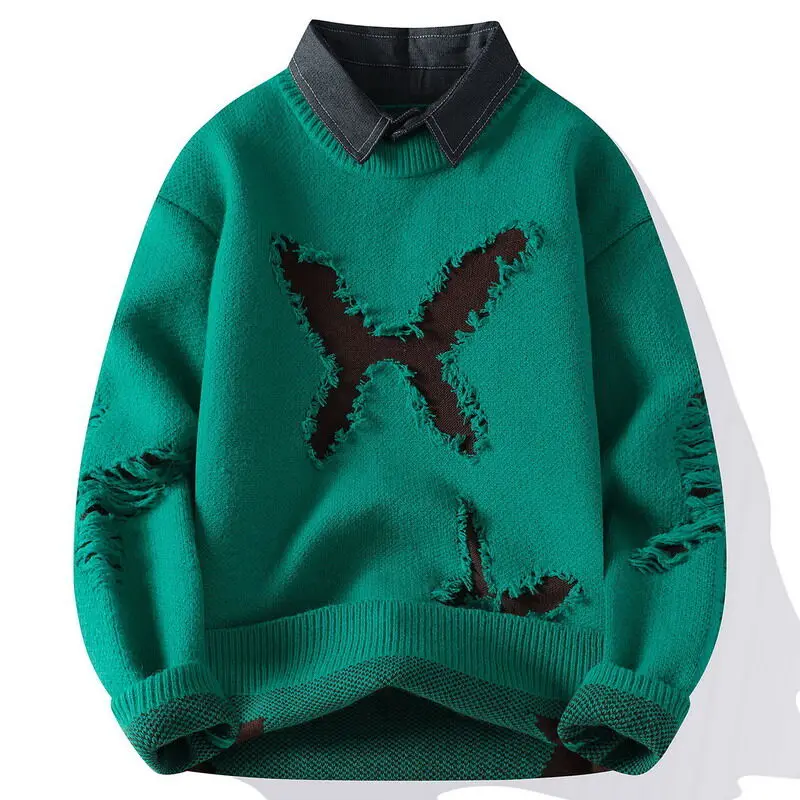 Новые осенние и зимние повседневные свитера для мужчин, модные полосатые вязаные пуловеры с нашивками для мужчин, свободные воротники, молодежные вита