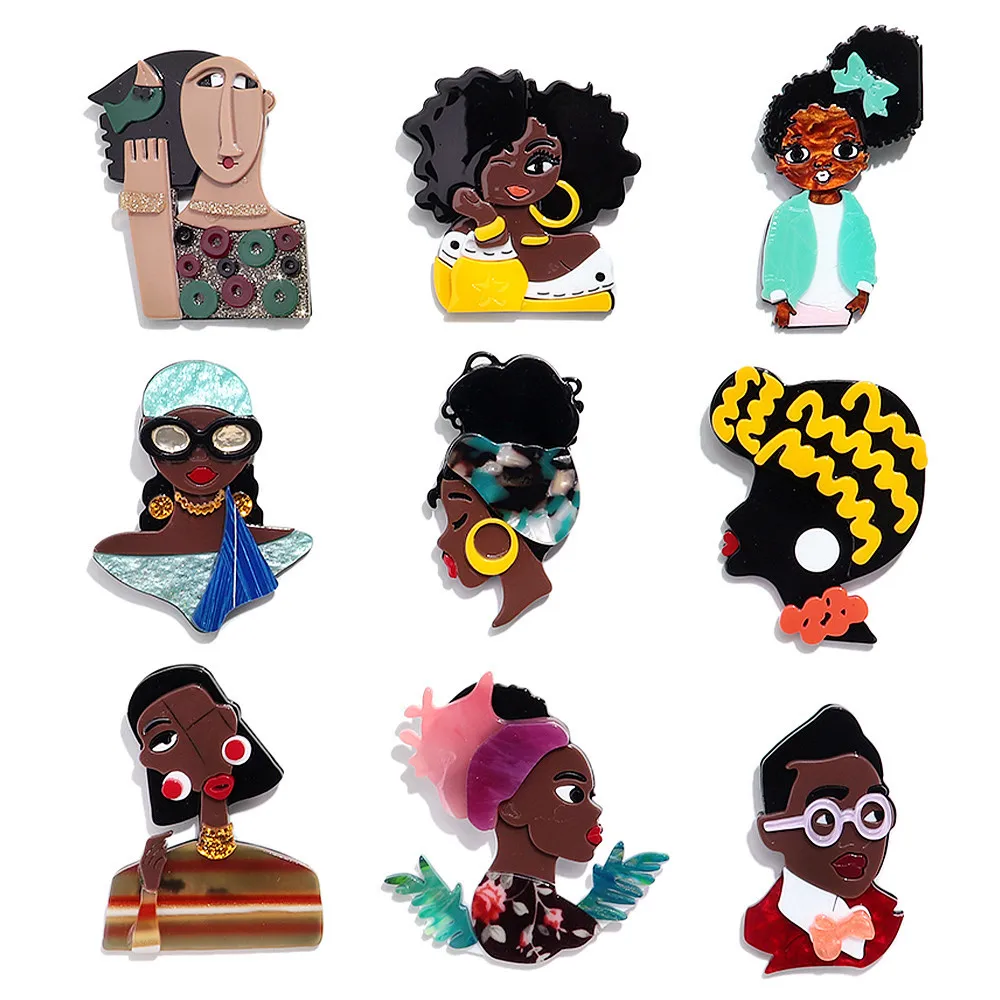 Nouvelles Broches en Acrylique Femme Africaine pour Femmes, Mignonnes Broches Figurines Filles Noires de Dessin Animé, Badges, Accessoires de Bijoux Décontractés, Cadeau