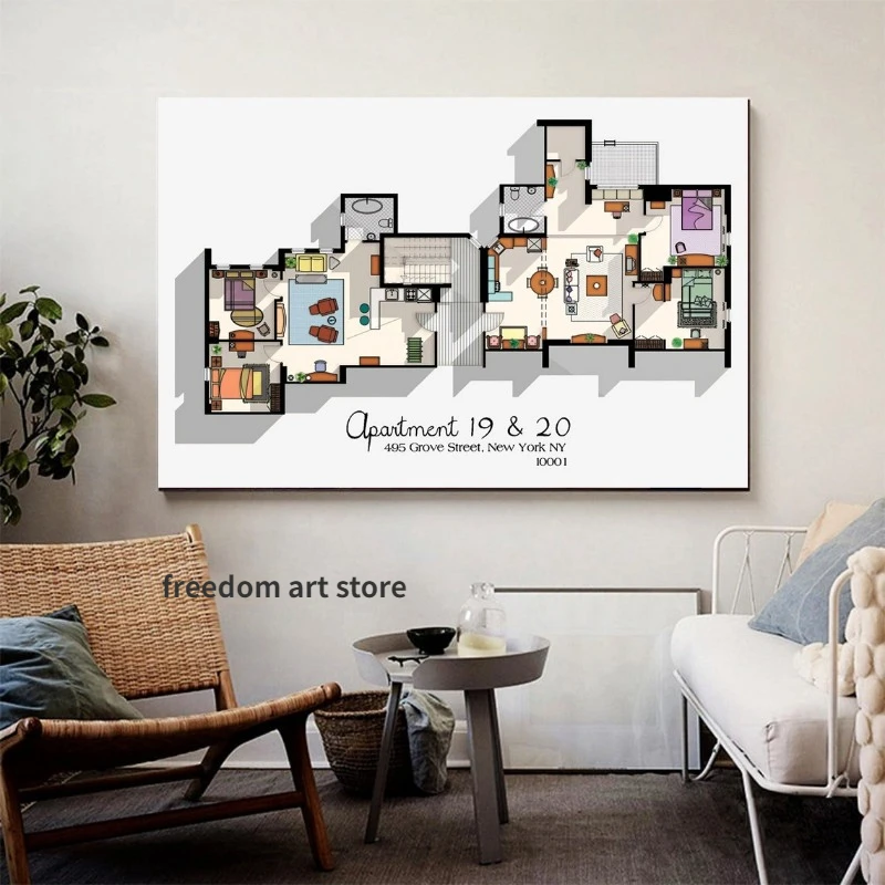 Vintage Floor Plan Friends Tv Series Apartment 19 & 20 Chart Art Posters Canvas Painting Wall Prints Picture for Room Home Decor