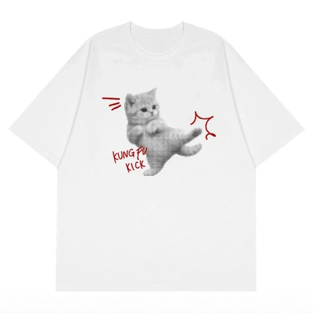 Kung Fu Cat Halftone Print Tee New Summer Women American Style Streetwear Funny Cute Short Sleeve Round Neck Korean Cuteness Tee