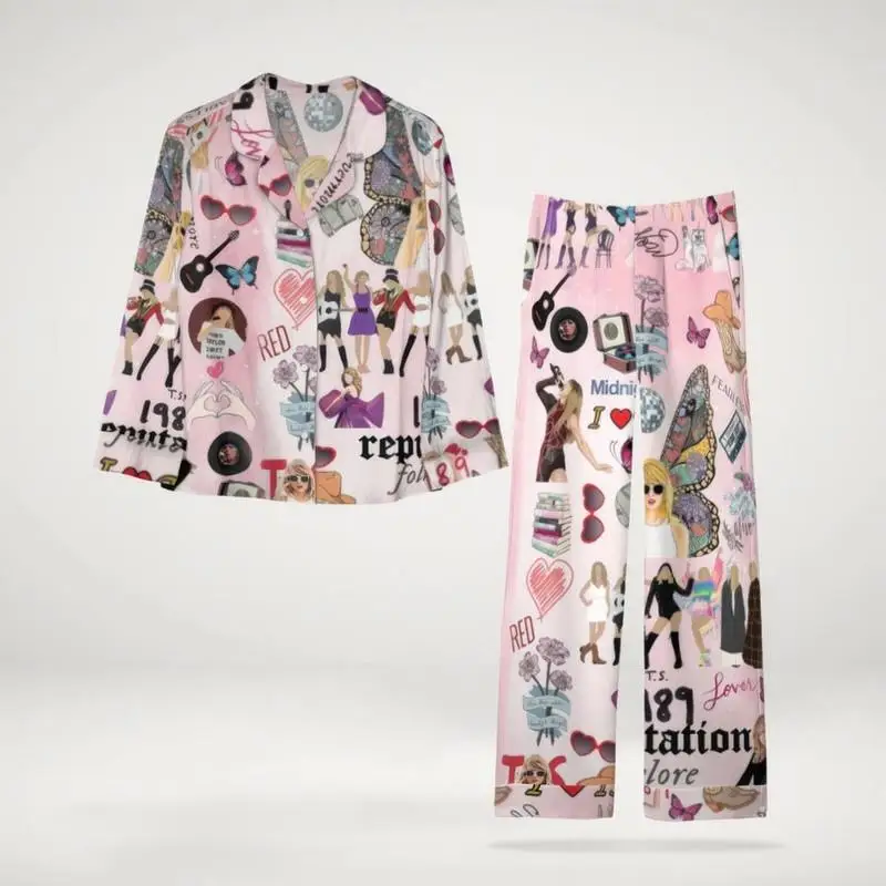 

Spring Summer Female 2PCS Pajamas Set Sleepwear Long Sleeve Pants Pijamas Suit Fashion Print Satin Home Clothes Lounge Wear