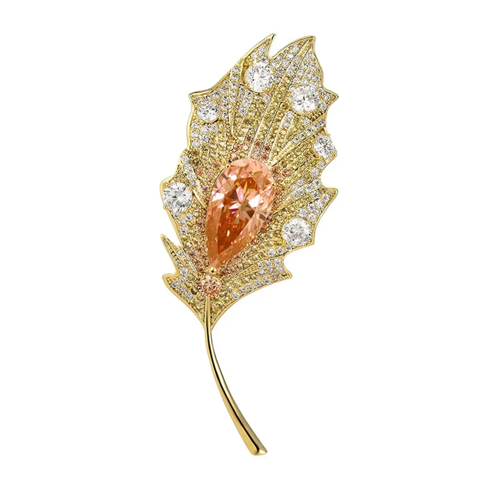Fashionable Plant Crystal Brooch for Women Inlaid with Zircon Feather Leaf Brooches Badge Clothing Coat Jewelry Accessories