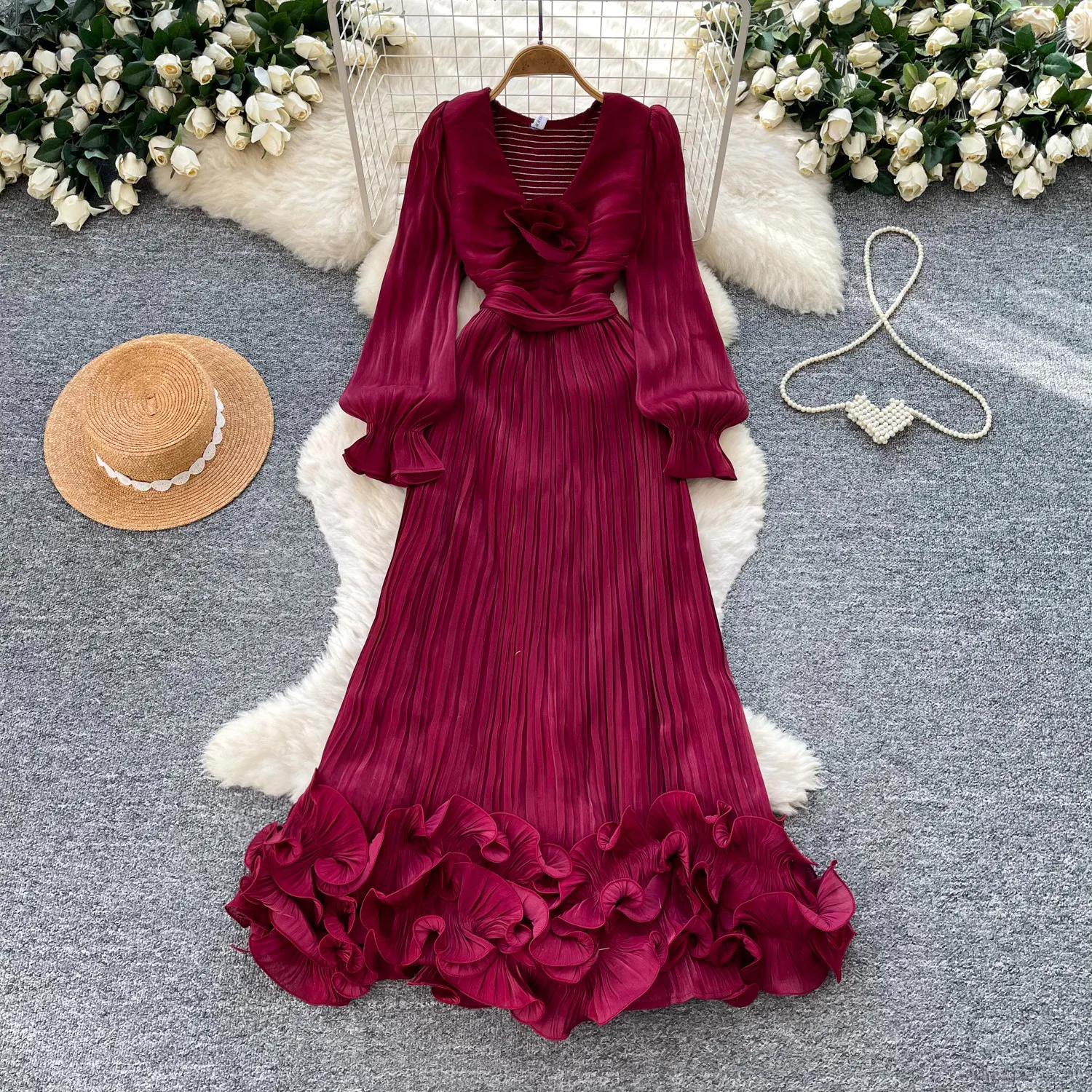 Women French V Neck Long Dress 3D Ruffle Puff Sleeve Pleated Fitted Waist Elegant Party Evening Gown For Female