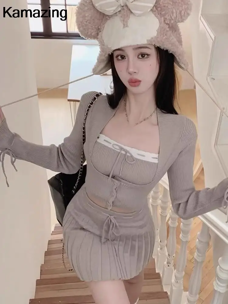 Solid Knitted Suit 3 Piece Set Woman Y2k Cropped Patchwork Vest + Slim Cardigan + Mini Pleated Skirt Autumn Korean Chic Outfits