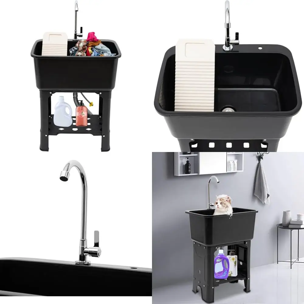 Black Freestanding Outdoor Laundry Sink with Faucet, Washboard, and Storage Shelf for Utility Use