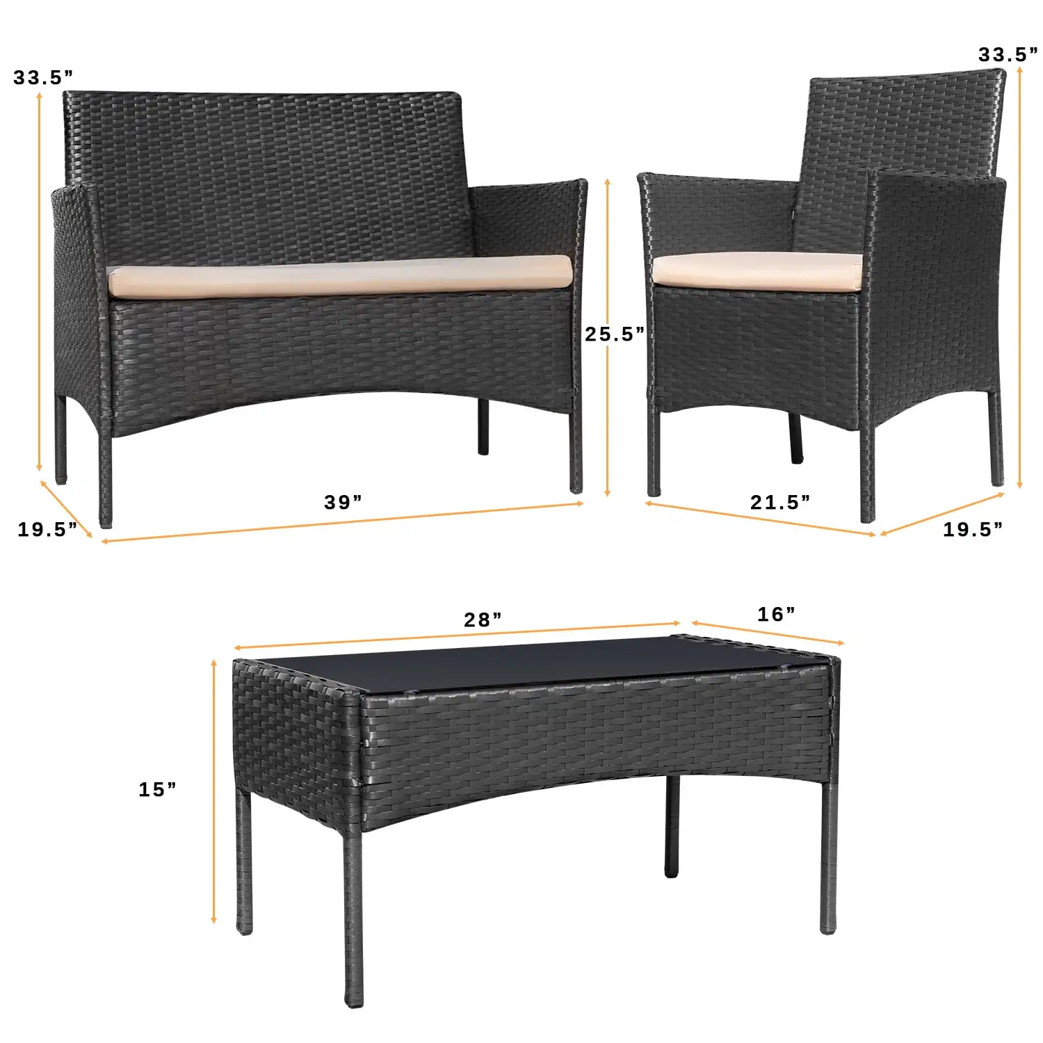 Conjunto de móveis para pátio, 4 peças, rattan, móveis externos, sofá de vime, conjuntos de conversa de jardim com almofada macia e mesa de vidro para