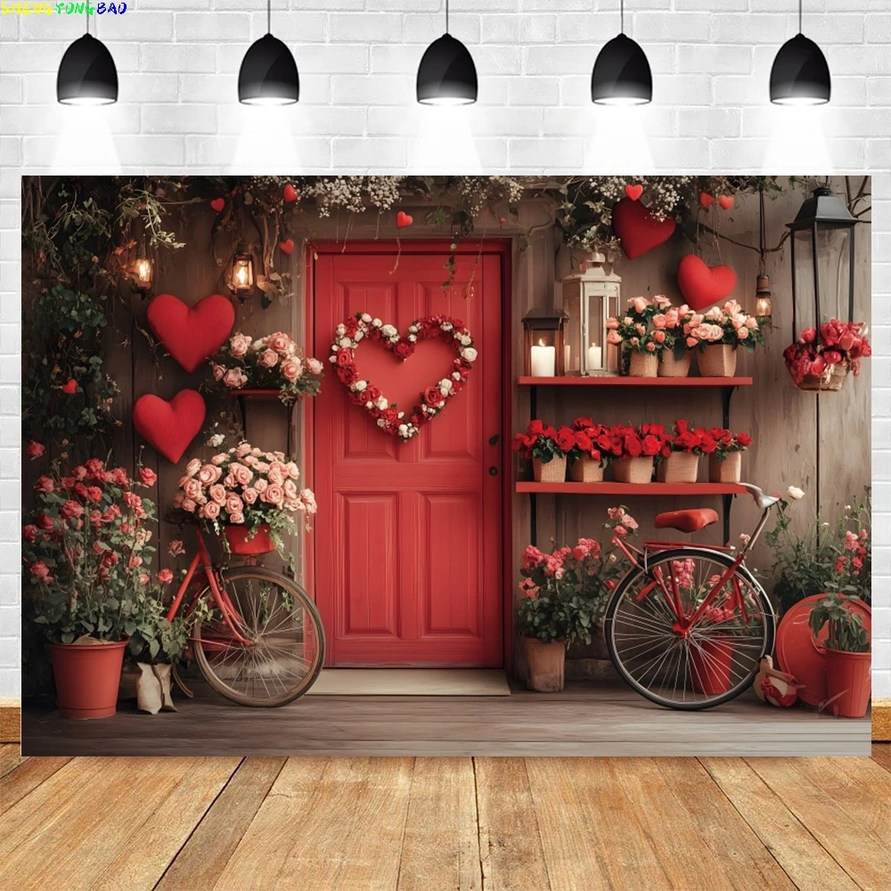 

Romatic Valentine's Day Photography Backdrop Red Rose Flower Love Heart Wooded Door Couple Portrait Photo Background Props