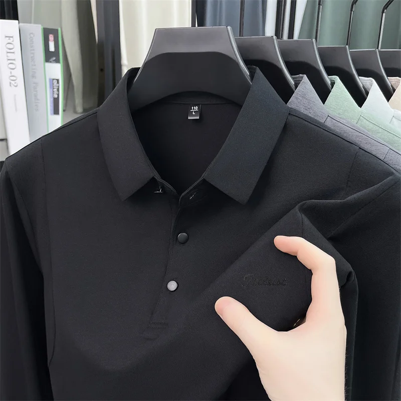 Original Herren Langarm-Poloshirt, schnelltrocknend, atmungsaktiv, mit Revers und Knöpfen, exquisiter Buchstabendruck, Herbst-Freizeit-Sportbekleidung für Herren – Detail 17