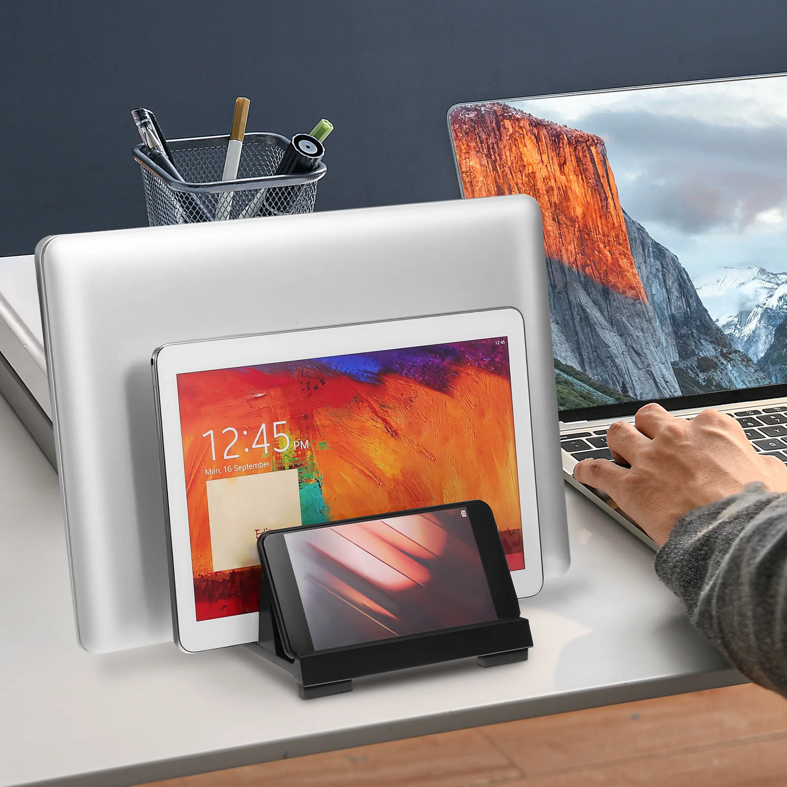 

Vertical Laptop Holder Dual Slot Adjustable Stand for Secure Device Storage Space Saving Desk Mount for Office Workspace