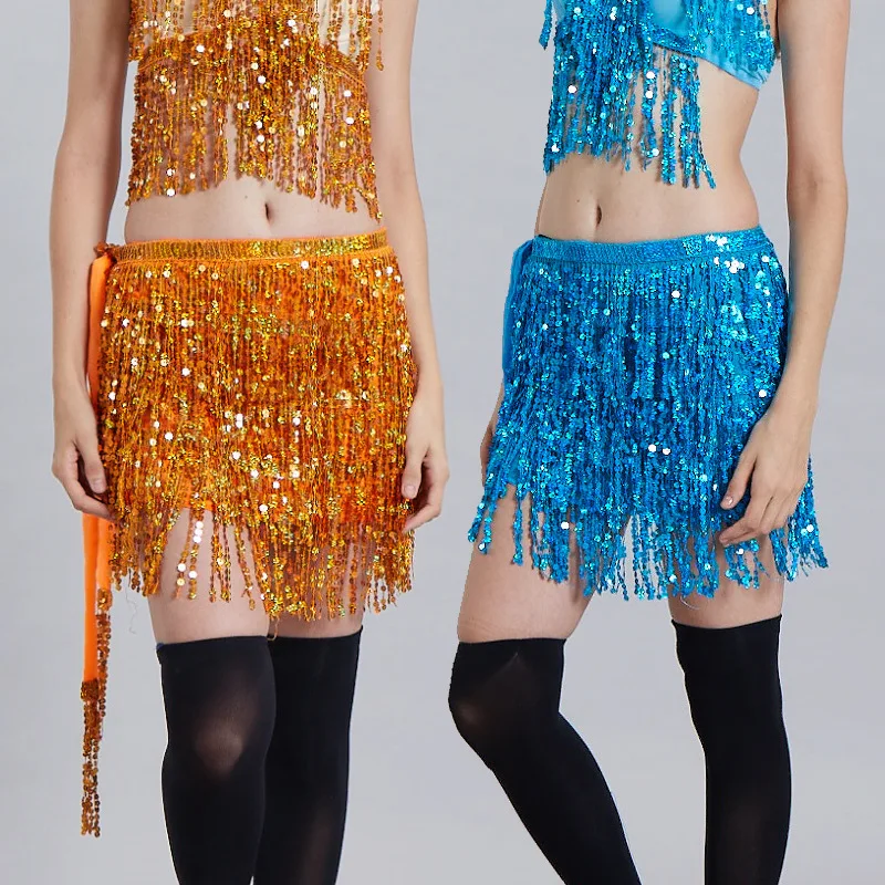 Sequin Belts Women Belly Dance Skirt Performance Costume Indian Hip Mini Skirt Long Tassel Boho Chain Clubwear Party Halloween