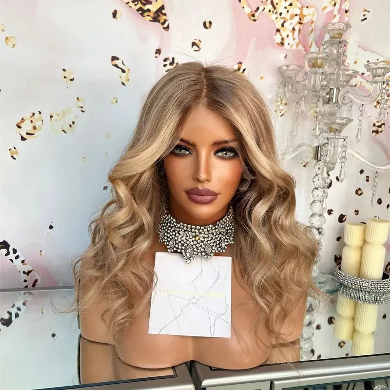 Hittebestendige zachte middendeel synthetische gemengde vezels voor vrouwen 20 '' hoge kwaliteit pruik honingblond bruin balayage gekleurde pruik