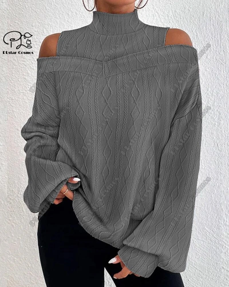 

PLstar Cosmos 3D Printed Solid Color Women's Lantern Sleeve Off Shoulder Cable Textured Top Casual Long Sleeve Everyday