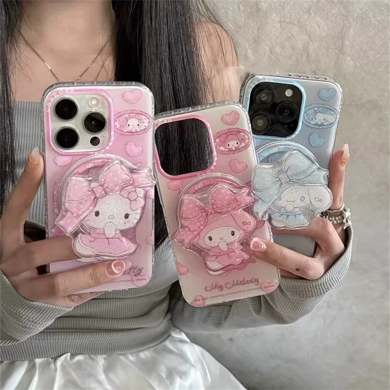 

Cute Hello Kitty melody Cinnamoroll KT Bling Glitte Magsafe Wireless Charge Case For iPhone 13 14 15 16Pro Max Magnetic Holder﻿﻿