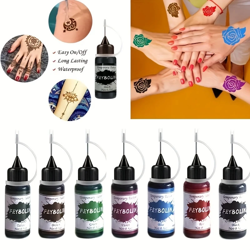 حبر الوشم الملون لعصير الوشم ، حبر الوشم طويل الأمد والإستنسل مجموعة الوشم المؤقت ، طلاء الجسم المقاوم للماء وشم مزيف