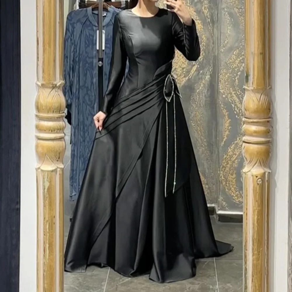 

Customized A-line Evening Dresses Floor-length O-neck Full Sleeve Prom Gown Fashion Pleat Sequined Simple Draped Party Gown