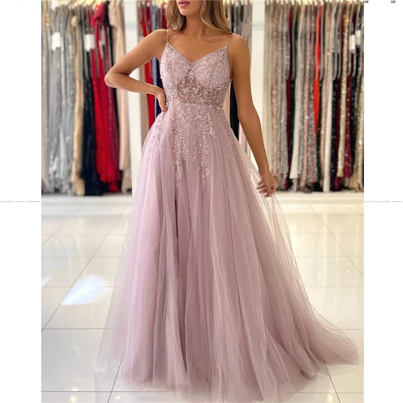 Elegante una línea de cuello en V vestidos de fiesta de tul fiesta de boda con cuentas correas espaguetis abertura lateral vestidos de noche formales largos personalizados