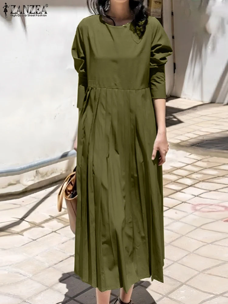 

ZANZEA Spring Fashion Long Sleeve Pleated Work Dresses Women Solid A Line Dress Casual Holiday Midi Vestido 2025 Autumn Sundress