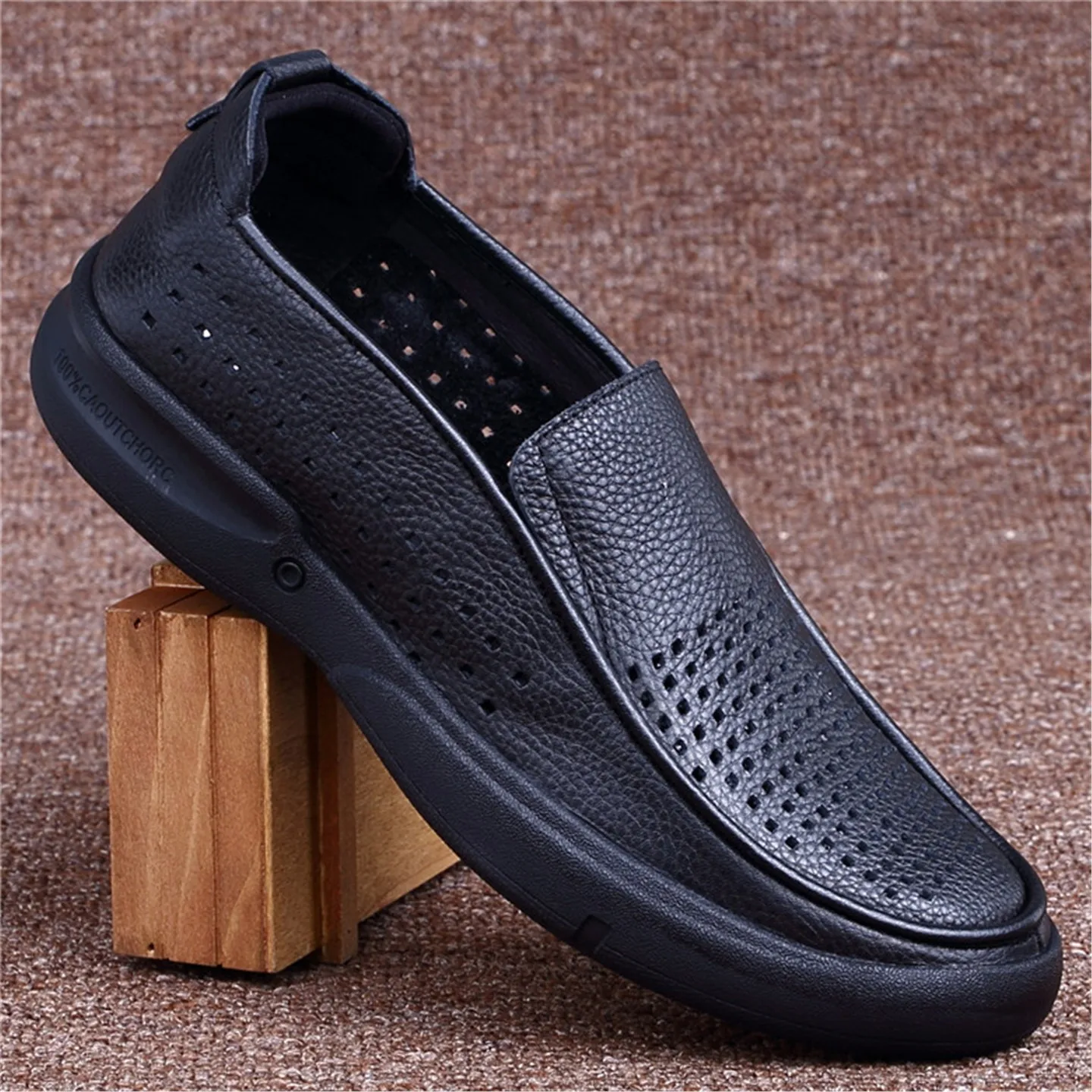 

High-End Men's Leather oes Summer Breathable Casual Hollow out Busin oes Cowhide Leather round Toe Low Heel Rubber Sole