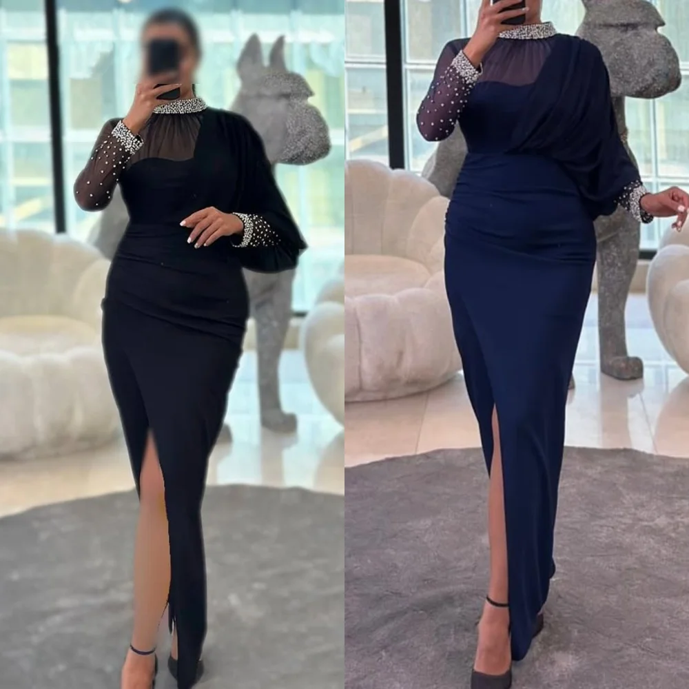 

Customized Formal Classic Jersey Rhinestone Pleat Column High Collar Ankle Length Dresses Bespoke Occasion Dresses Modern Style