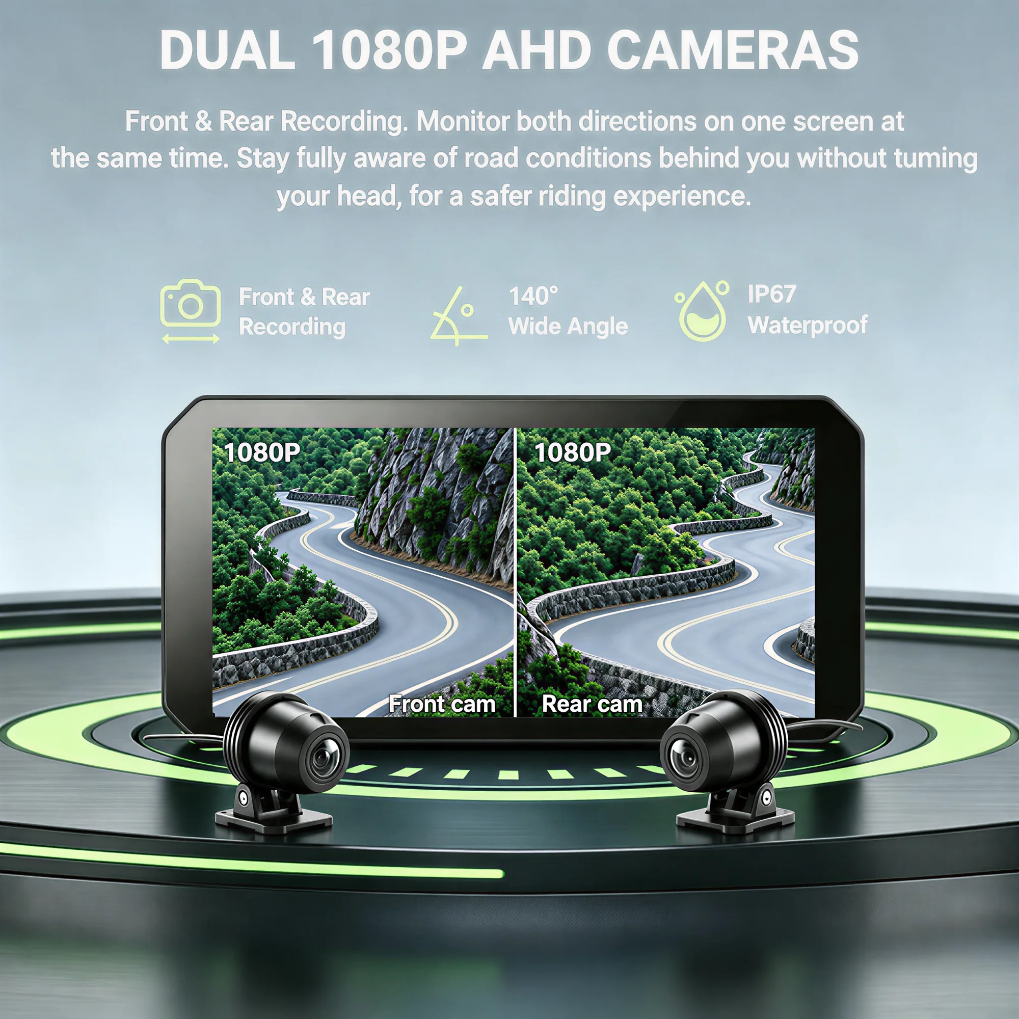 Aoocci C9ProMax 1080P HD Camera for Motorcycle Carplay & Android Auto Front&Rear Camera Waterproof Safe Driving Dash Cam