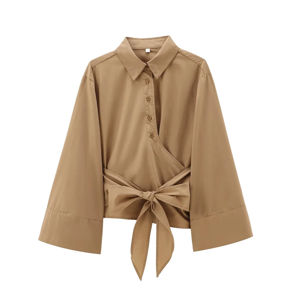 Chemise courte en popeline à boutonnage caché pour femmes, avec col polo et nœud papillon, chemisier décontracté et élégant pour le bureau et le usage quotidien