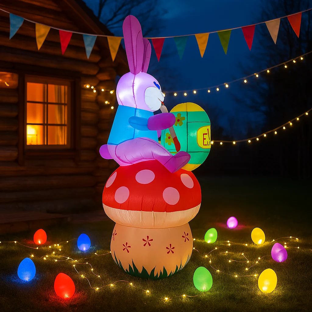 2.1m/7FT Easter Party Decorations Rabbit Sit on Mushroom Inflatable Built in LED Lights Indoor Outdoor Courtyard Props Ornament
