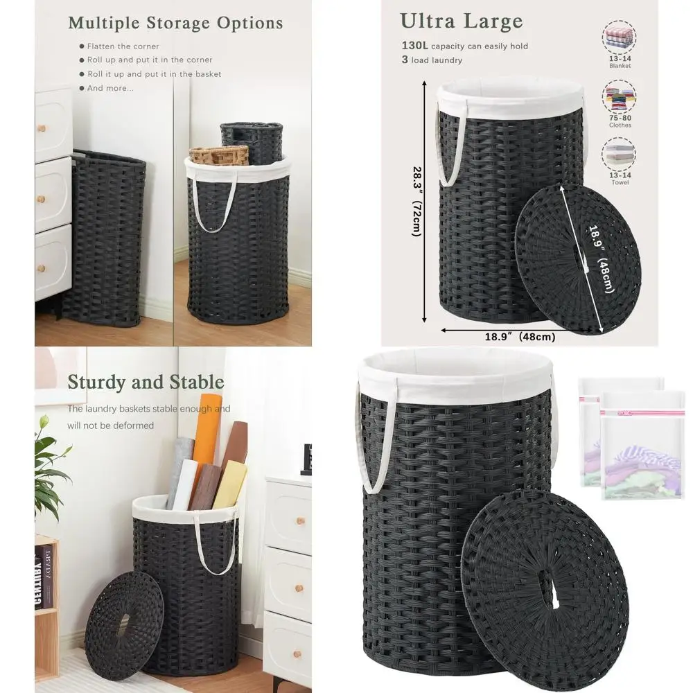 

Круглая плетеная корзина для белья с ручками, вместимостью 130 л, идеально подходит для гостиной или спальни, черная