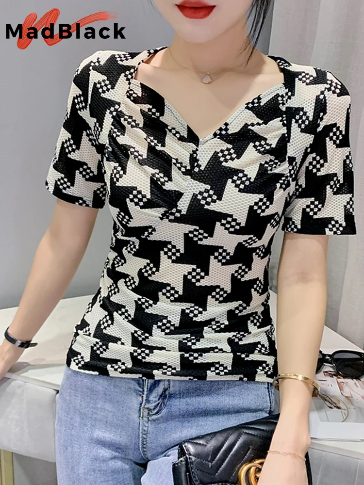 

MadBlack Summer Clothes Mesh Thin T-Shirt Chic Sexy V-Neck Print Houndstooth Draped Women Tops Short Sleeve Slim Tees T27020L