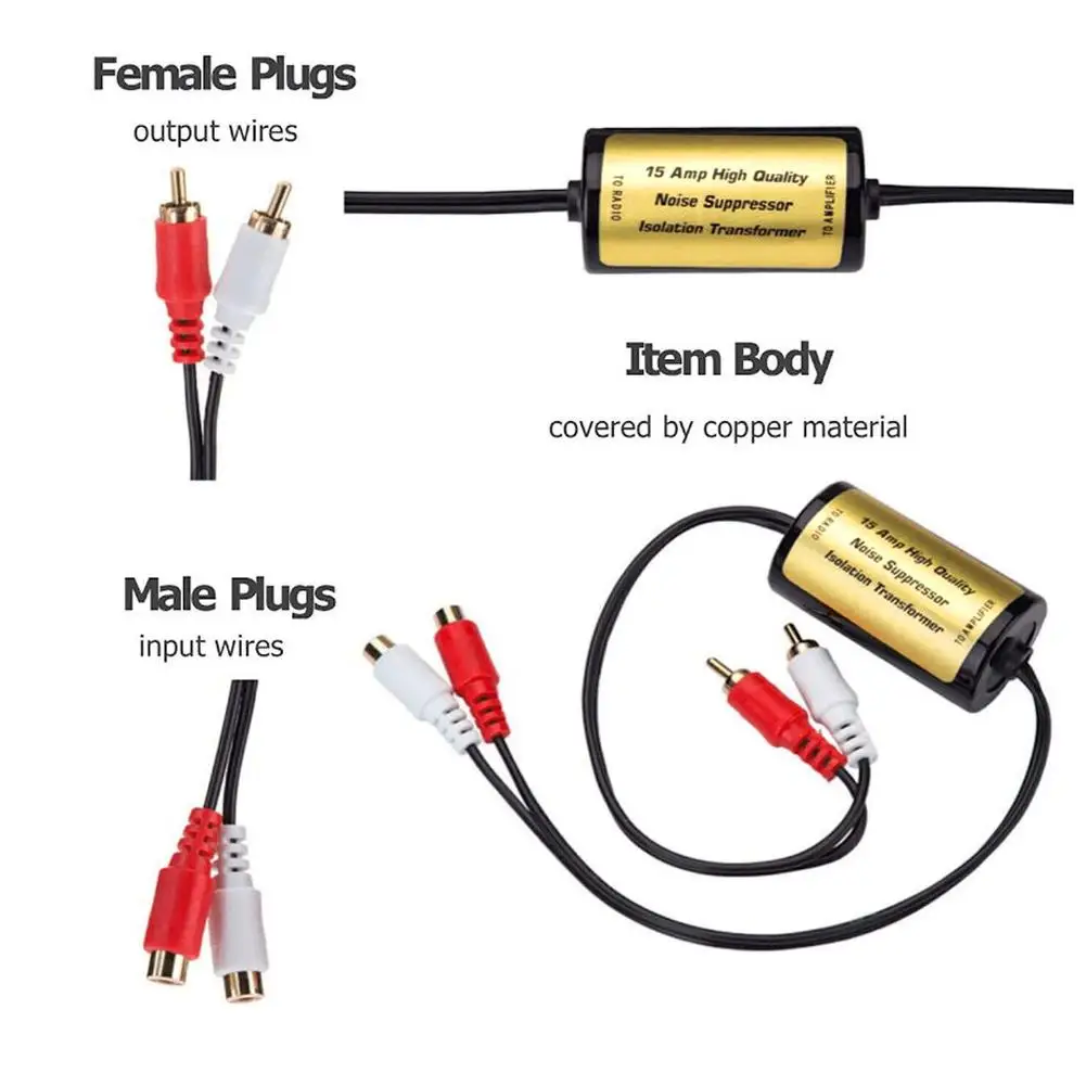 RCA filtr szumów Audio tłumik pętli uziemienia Lsolator do samochodu i domu Stereo 2 × RCA męski, 2 × RCA żeński